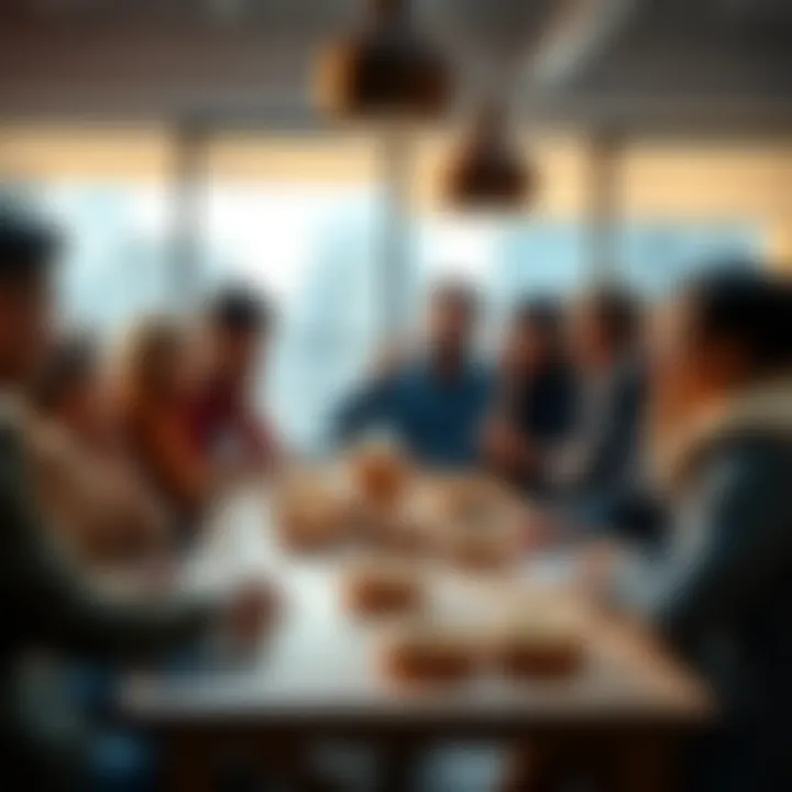 A group of people engaged in a lively discussion around a table with donuts, highlighting a friendly atmosphere.