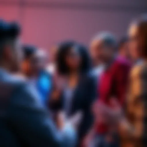 People gathered in a lively debate about self-perception and accountability in society, with expressive gestures and engaged expressions.