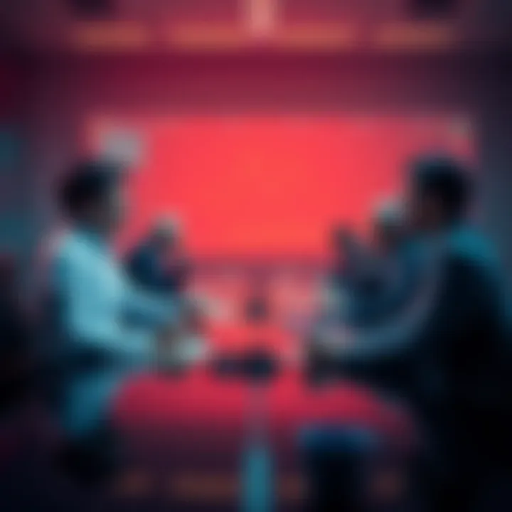 Discussion on Cryptocurrency Future Experts debate the future of cryptocurrency at a conference table with charts and graphs in the background.