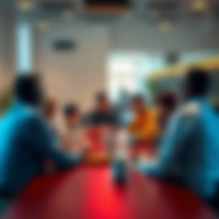 A group of people engaged in a lively conversation around a table, creating a welcoming atmosphere.