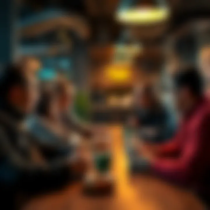 A group of people chatting over donuts and coffee, sharing ideas in a relaxed atmosphere.