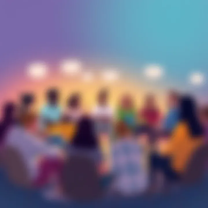 Discussion Thread Illustration A group of diverse people sitting in a circle, chatting and sharing ideas in a relaxed setting, with speech bubbles around them.