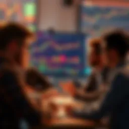 A group of people engaged in a lively discussion about trading strategies and current events, with charts and graphs visible on a screen in the background.
