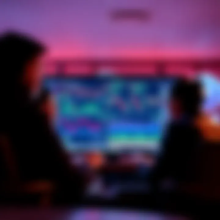 A group of people engaging in a discussion about trading strategies in a Slack chat room, with charts and graphs on the screen.