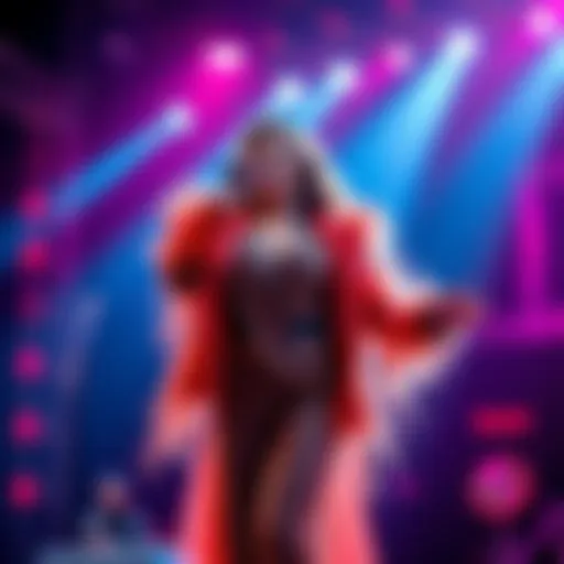 A contemporary diva singing passionately on stage, wearing a stunning outfit that showcases her influence in fashion and music.