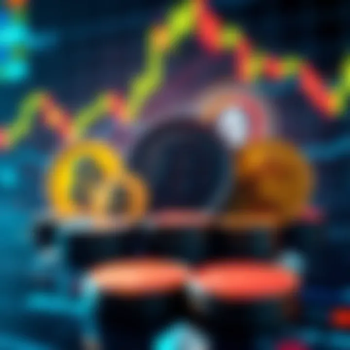 A graphic showing multiple cryptocurrency exchange logos with coins and charts representing trading activity.