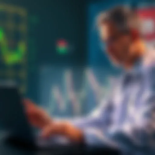 A doctor in a white coat looks at a Bitcoin chart on a laptop, pondering investment decisions.