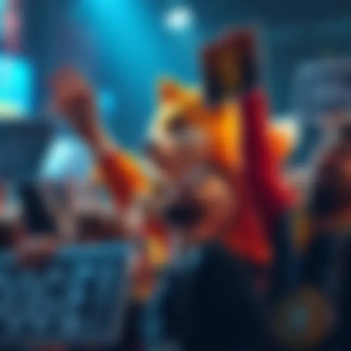 Doge Community Rally A group of enthusiastic Dogecoin supporters holding signs and cheering, aiming for the price to reach one dollar, with a digital Doge mascot in the background.