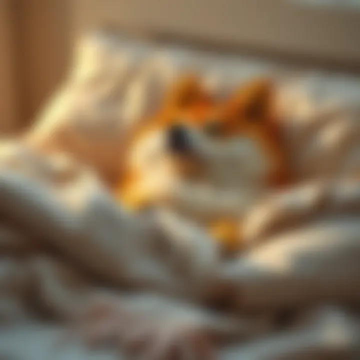 A serene Doge dog lying comfortably on a soft bed, surrounded by cozy blankets and gentle light, embodying relaxation and calmness.