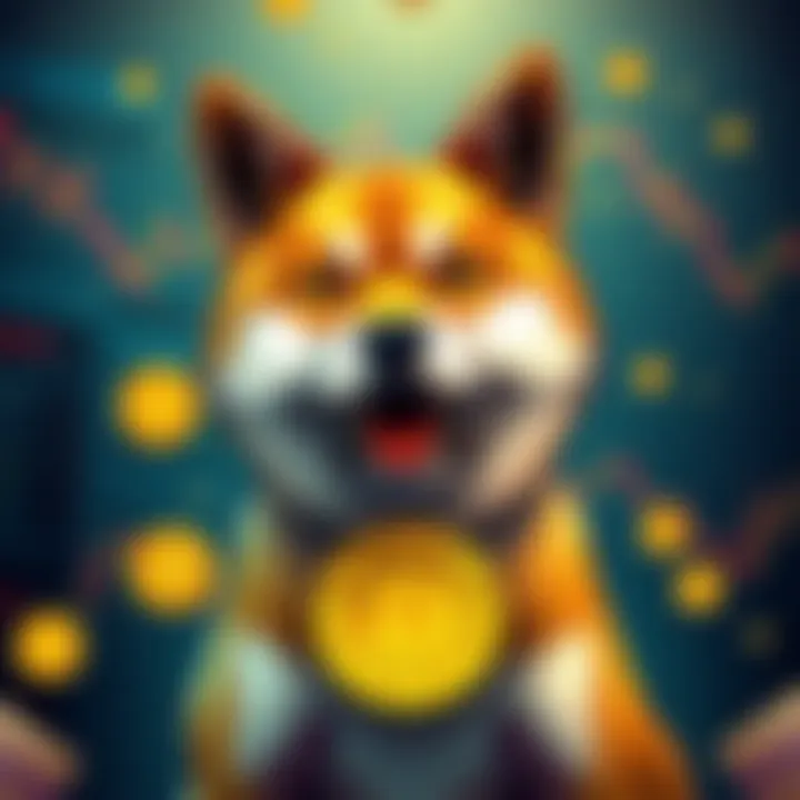 A Shiba Inu dog wearing a gold coin necklace representing Doge Coin, surrounded by cryptocurrency symbols and charts, showing its popularity in the market.