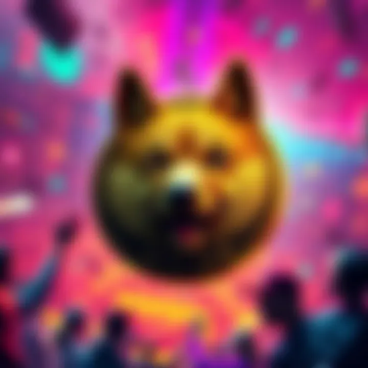 Doge coin symbol against a vibrant background showing community support and crypto elements