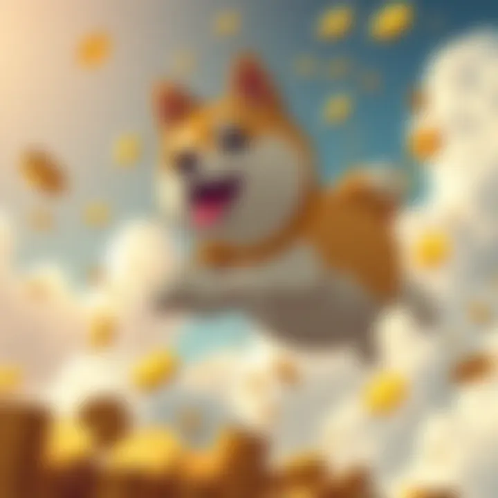 Dogecoin soaring through the sky A cartoon Shiba Inu representing Dogecoin flying among coins and clouds, symbolizing its rise in popularity