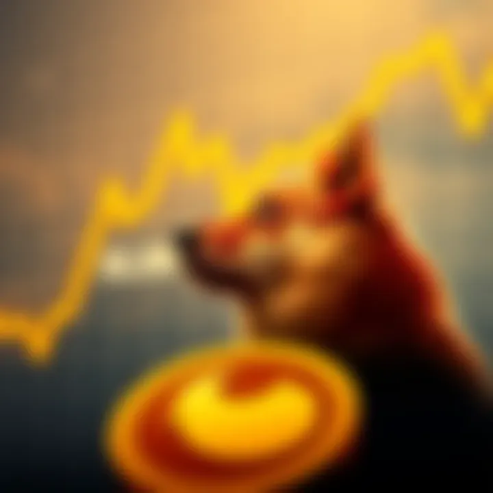 A graph showing the downward trend of Dogecoin's value over time, with a dog emblem in the foreground, symbolizing Dogecoin.