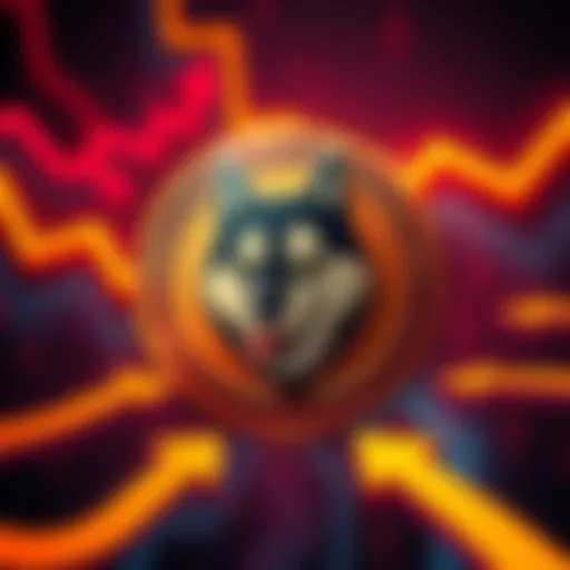 Dogecoin logo surrounded by falling arrows representing a 70% decline in value