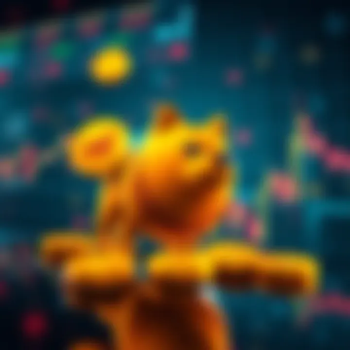 Dogecoin ETF Representation A graphic showing Dogecoin symbols alongside stock market trends, illustrating the impact of ETFs on cryptocurrency.