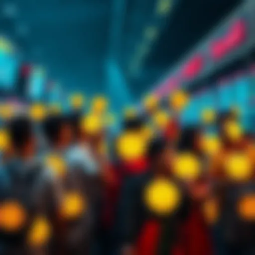 A group of diverse people holding Dogecoin symbols in a vibrant market scene, showing resilience and community spirit