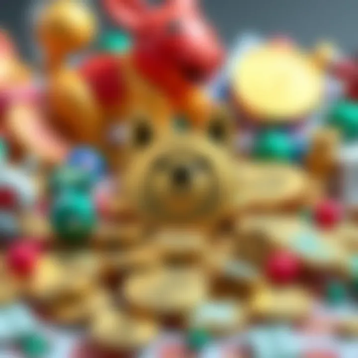 A pile of shiny Dogecoin coins with a Doge face surrounded by playful elements like toys and money symbols