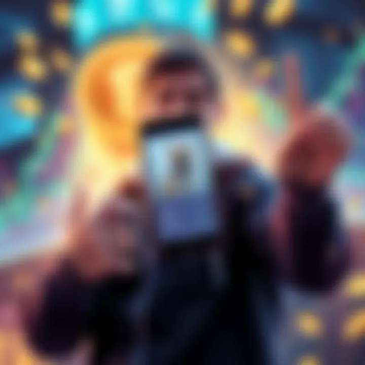 A person excitedly holding a smartphone showing a Dogecoin purchase, surrounded by crypto coins and graphs.