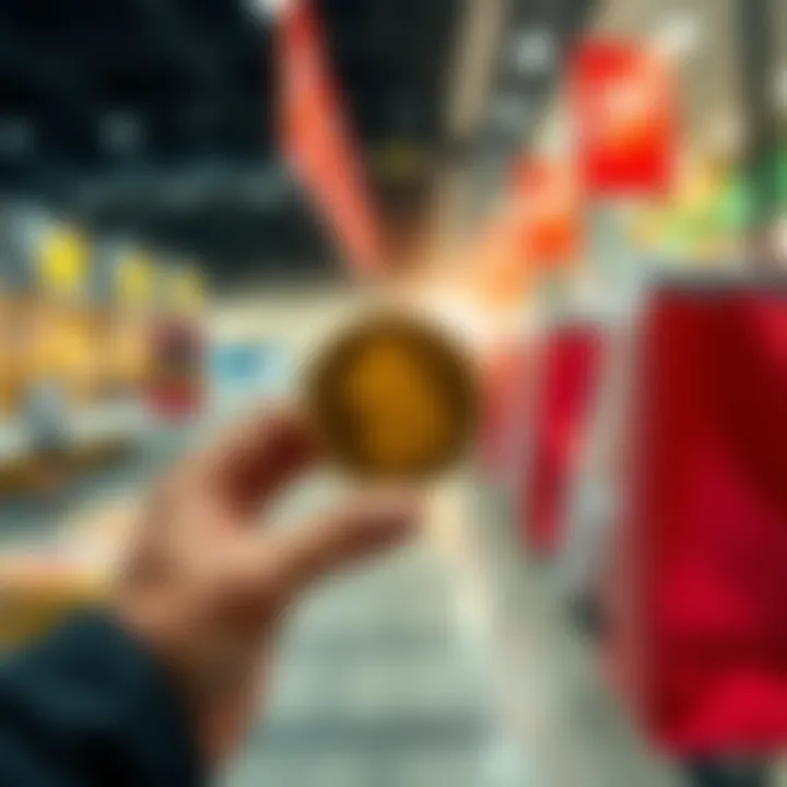 A person holding a Dogecoin coin with shopping bags in the background