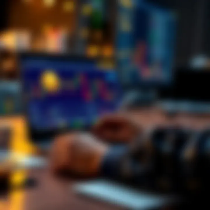 A person analyzing Dogecoin price charts on a laptop while taking notes and considering selling strategies