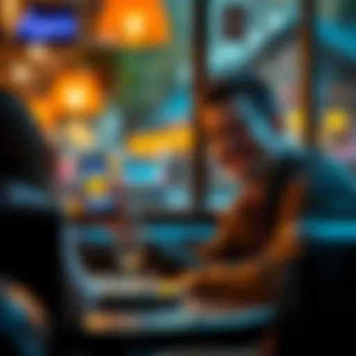 A man smiling while holding a phone showing Dogecoin logo, sitting at a cozy cafe table with a date in front of him, romantic atmosphere