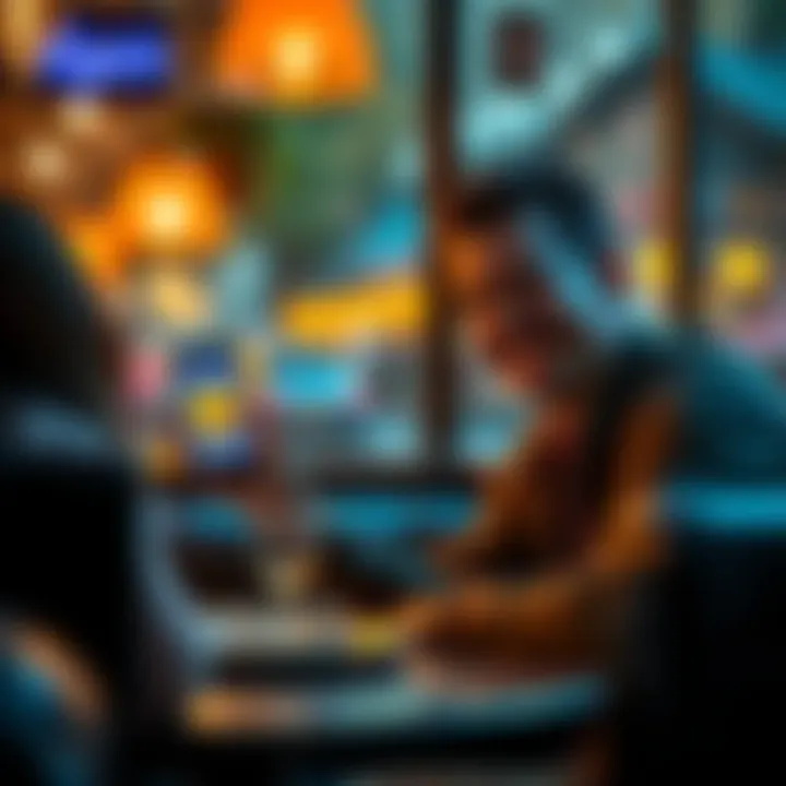 A man smiling while holding a phone showing Dogecoin logo, sitting at a cozy cafe table with a date in front of him, romantic atmosphere