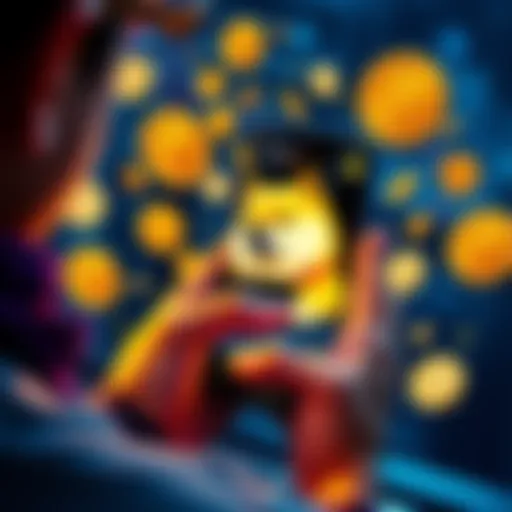 A person checking their Dogecoin balance on a smartphone, surrounded by digital currency symbols