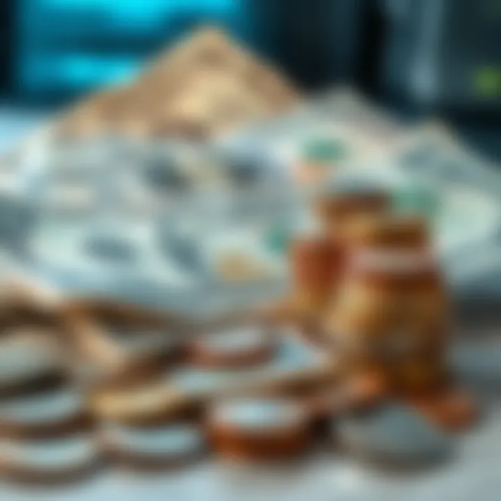 A close-up view of various U.S. dollar bills and coins stacked on a table, symbolizing currency and financial transactions.