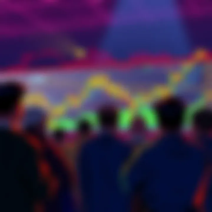 A group of people discussing investment strategies for Bitcoin during a bear market, with charts showing market fluctuations in the background.