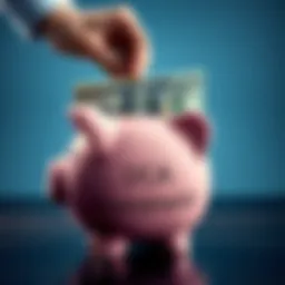 A person placing a $100 bill into a piggy bank labeled 'Investments', representing weekly dollar-cost averaging for financial growth.
