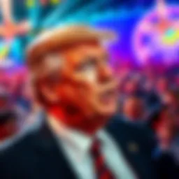 Donald Trump speaking at the Memecoin Gala event with a lively crowd in the background
