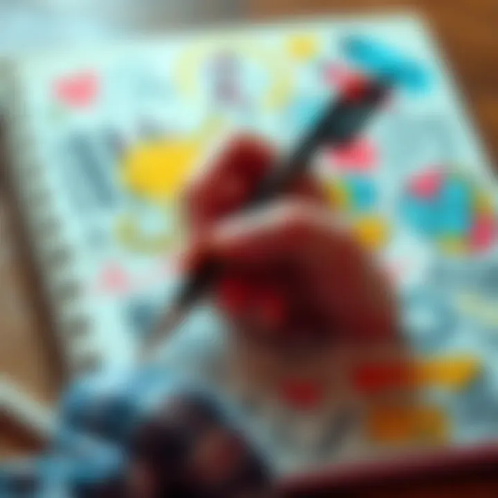 A hand holding a pen, creating doodles in a notebook filled with colorful sketches