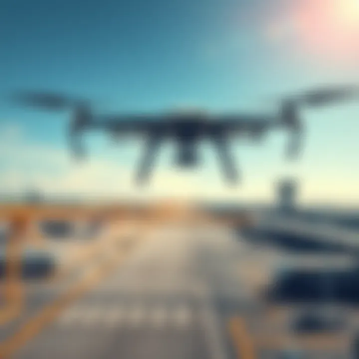 A drone flying over an airport, showcasing advanced flight tracking technology in action with clear skies in the background.