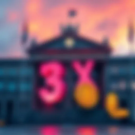 A graphic showing a government building with a large tax sign and crypto coins, symbolizing the new 36% tax on cryptocurrency gains in the Netherlands.