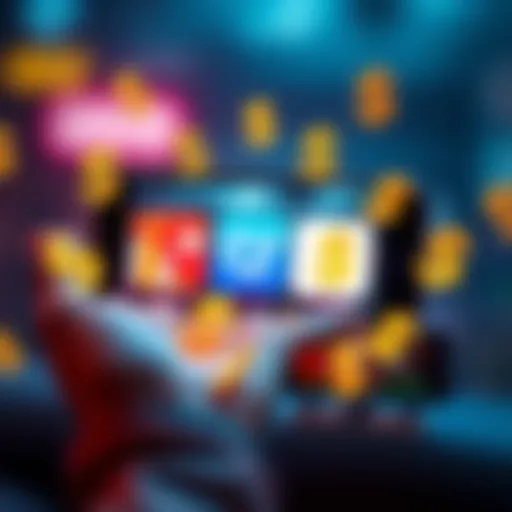 A smartphone displaying three app icons that promise quick cash earnings, with dollar signs around it.