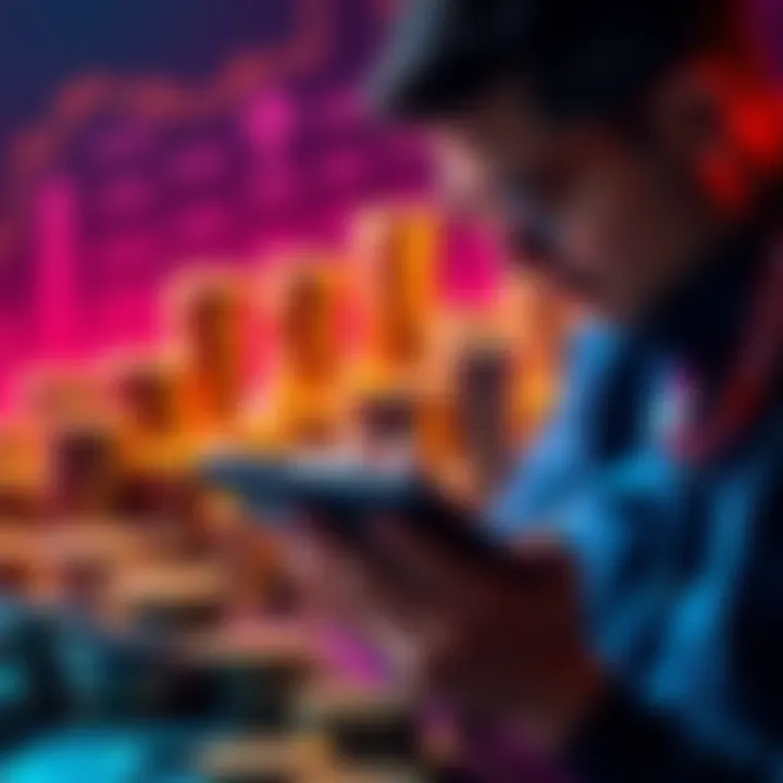 A person calculating monthly earnings from staking crypto, with stacks of digital coins in the background, indicating financial growth.