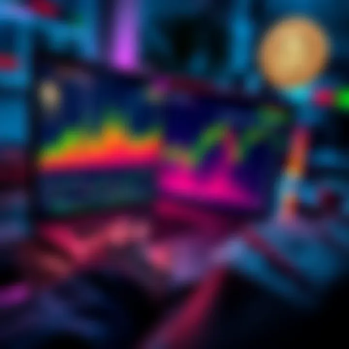 A person analyzing cryptocurrency charts on a laptop with coins and dollar bills on the side