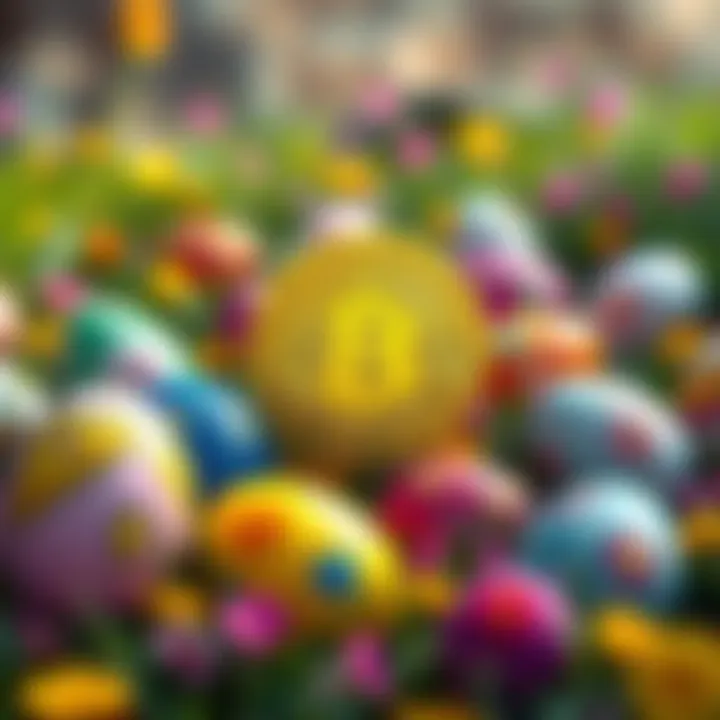 A colorful Easter egg hunt scene with a Bitcoin symbol integrated among the eggs, showing a contrast between community fun and cryptocurrency discussions.