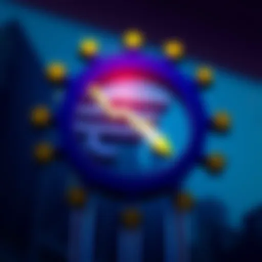European Central Bank logo with a graphic showing a downward trend, symbolizing the rejection of a euro stablecoin initiative.