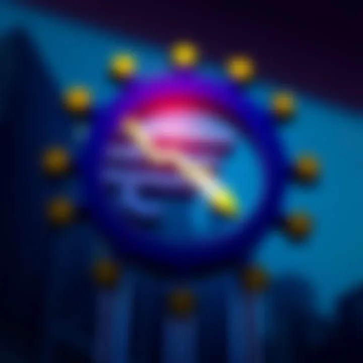 European Central Bank logo with a graphic showing a downward trend, symbolizing the rejection of a euro stablecoin initiative.