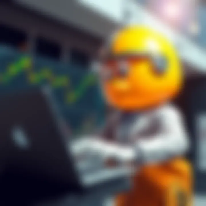 Egg Man Investing in Bitcoin A character named Egg Man reviewing Bitcoin market trends with a laptop and charts showing price increases.
