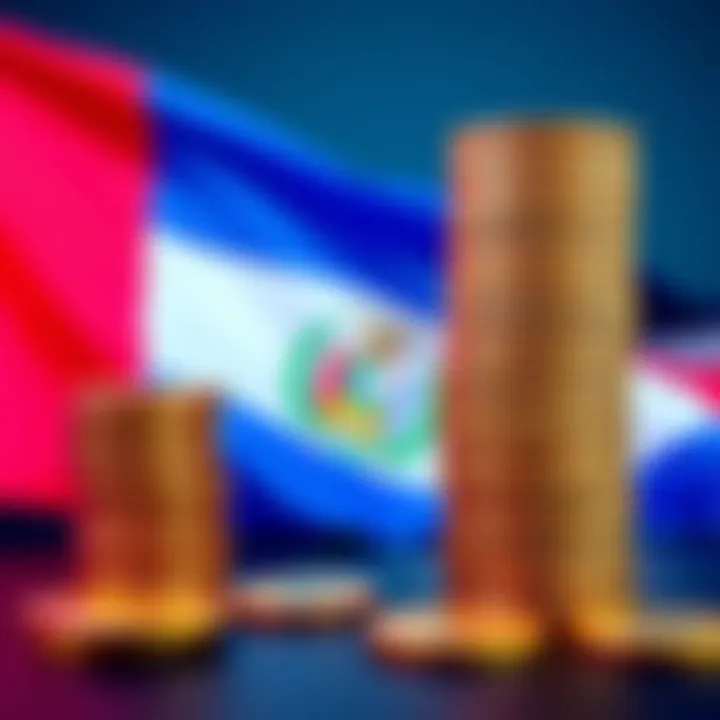 A digital representation of Bitcoin coins stacked next to the El Salvador flag, symbolizing the country's increase in Bitcoin reserves.
