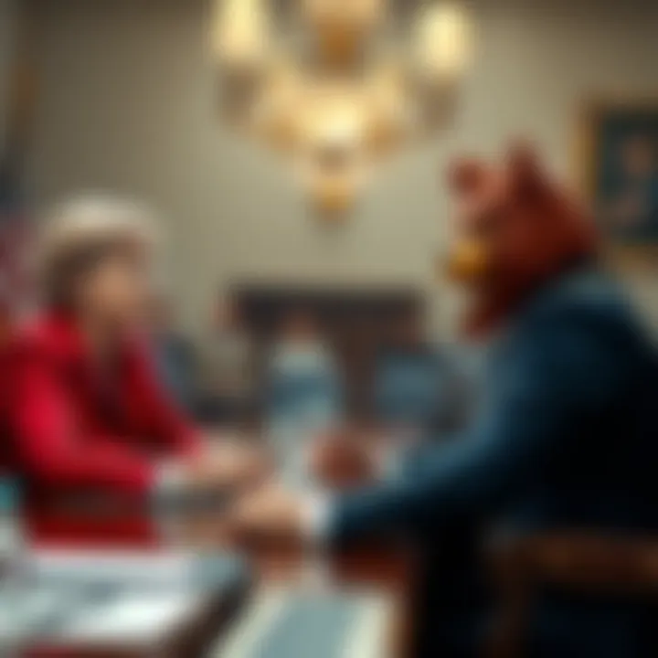 Senator Elizabeth Warren in a formal setting asking MrBeast about his new teen crypto banking plans, highlighting concerns for young investors
