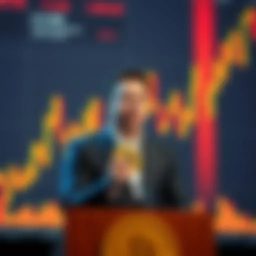 Elon Musk at a podium announcing the launch of a new stablecoin for his payment app X Money, with a backdrop of financial charts