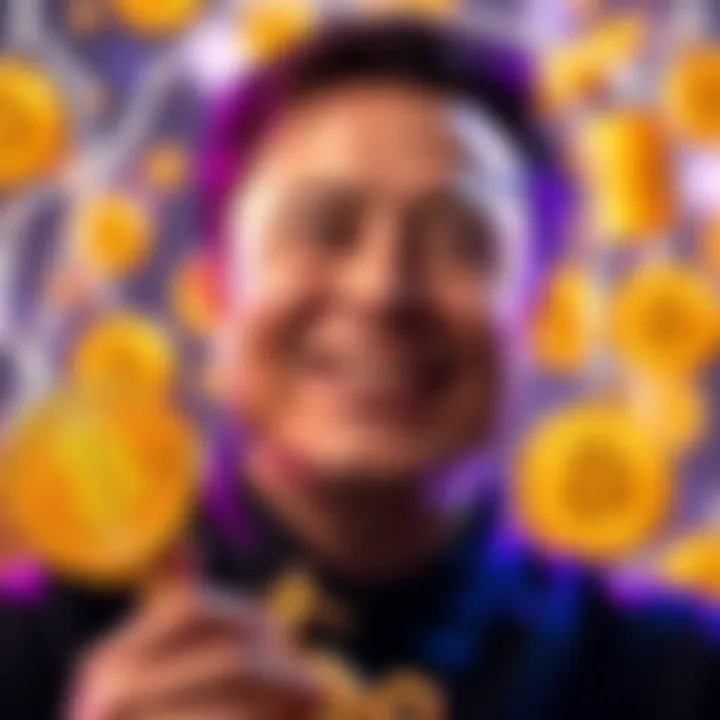 Elon Musk smiling and holding a gold trophy labeled 'Trillionaire', surrounded by symbols of Bitcoin and Dogecoin, showcasing his influence in the cryptocurrency market.