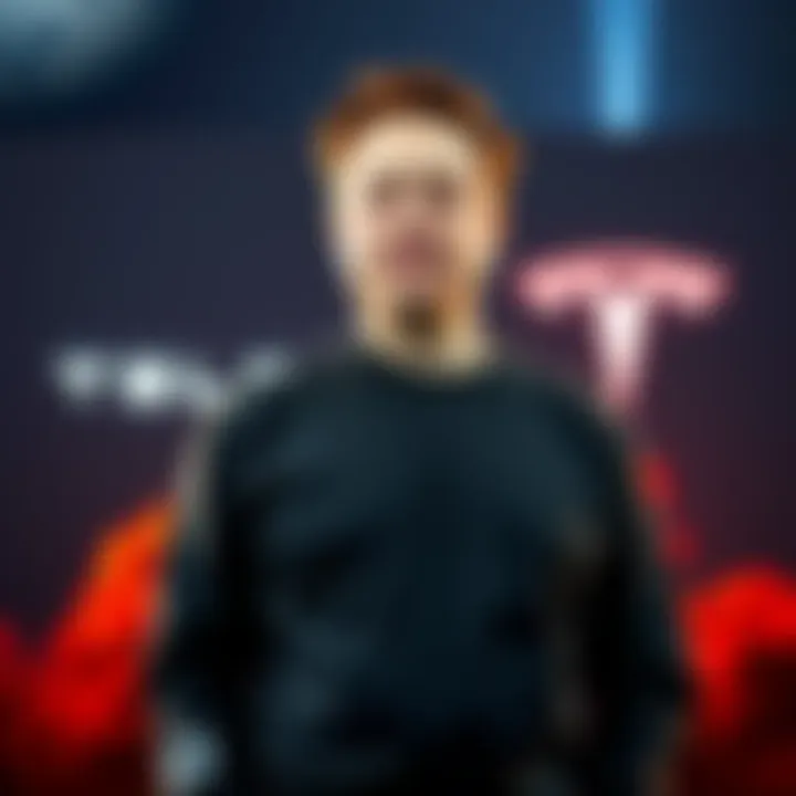 Elon Musk standing confidently with the SpaceX and Tesla logos in the background, symbolizing his journey to becoming the first trillionaire.