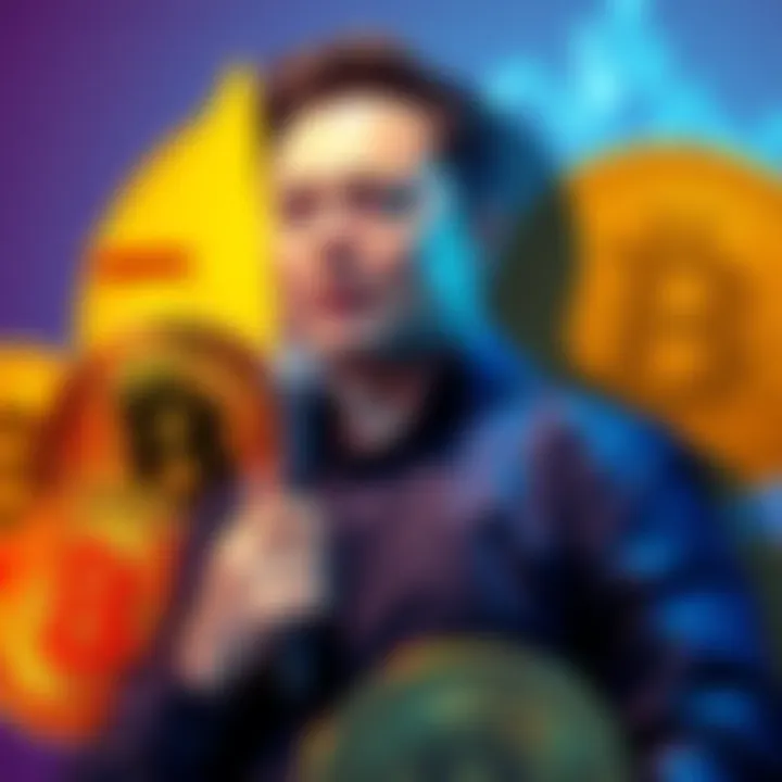 Elon Musk standing next to Bitcoin symbols and dollar signs, representing his net worth surpassing Bitcoin's market cap