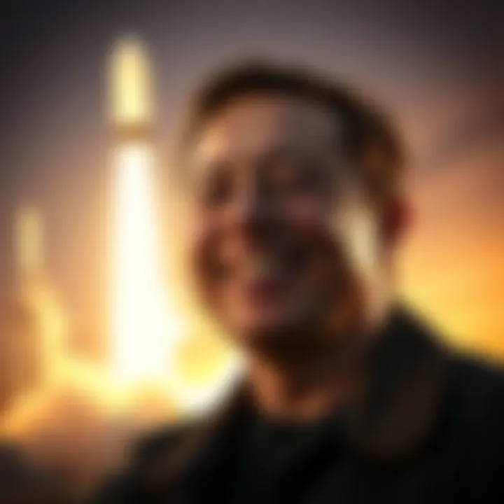 Elon Musk Celebrating Potential Trillionaire Status Elon Musk smiling in front of a SpaceX rocket, symbolizing his rise to trillionaire status with Tesla and SpaceX.