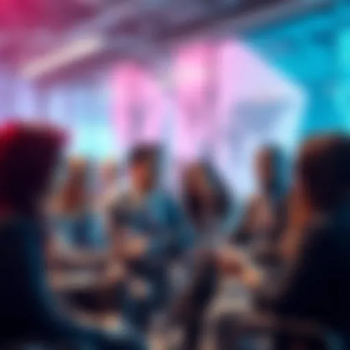 A group of diverse professionals engaged in a discussion about emerging technologies and future trends, showcasing collaboration and innovation.