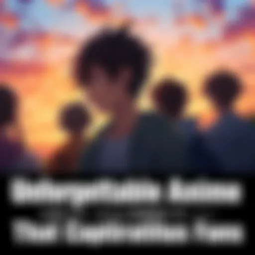 A character saying goodbye with tears in their eyes, surrounded by friends in a sunset backdrop.